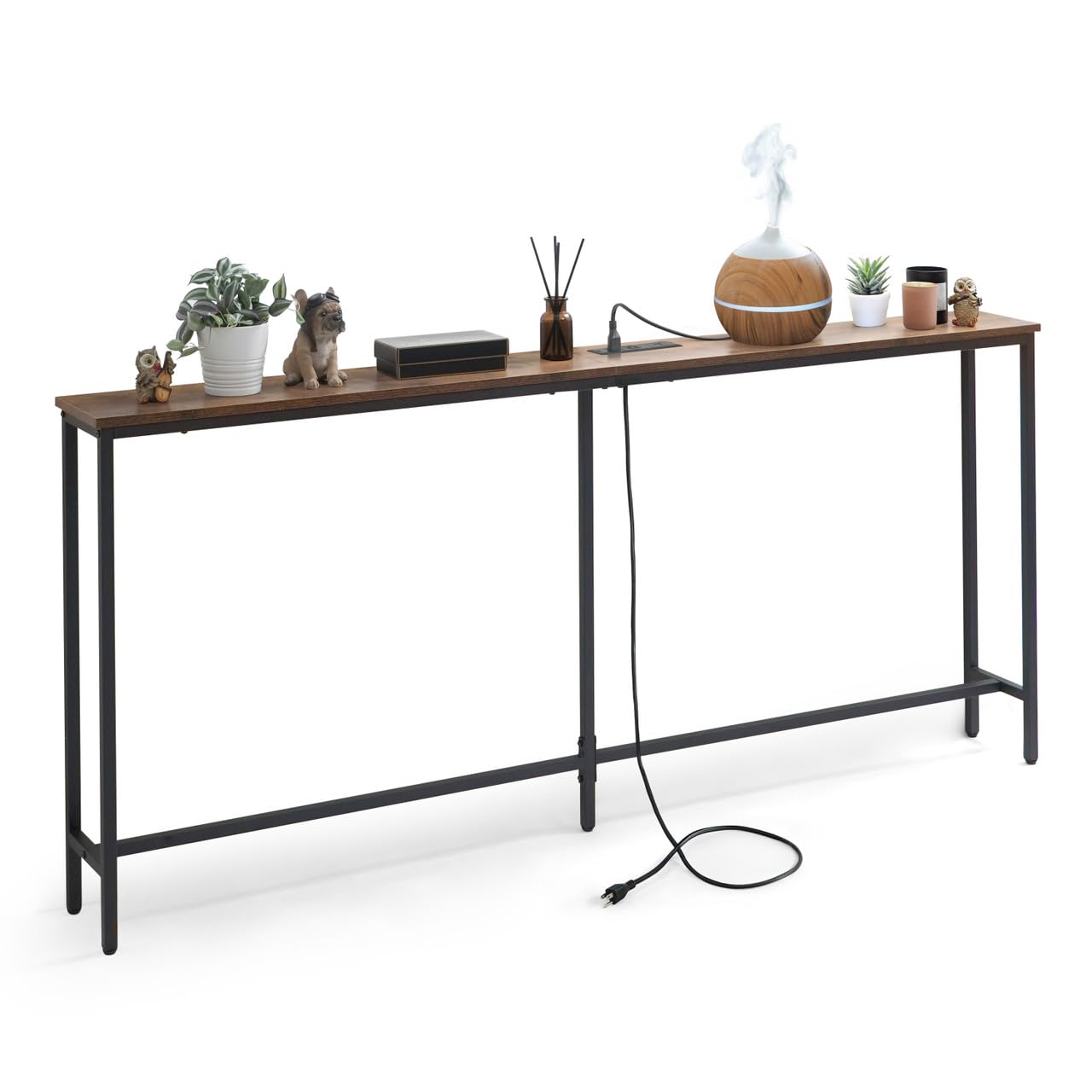 CAPHAUS 71” Narrow Long Console Table w/ 2 Outlets, USB & Type-C Ports for Entryway, Classic Design Skinny Tableau for Living Room, Plant Décor