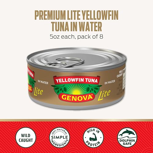 Image of Genova Premium Lite Yellowfin Tuna in Water, Wild Caught, Solid Light, 5 oz. Can (Pack of 12)