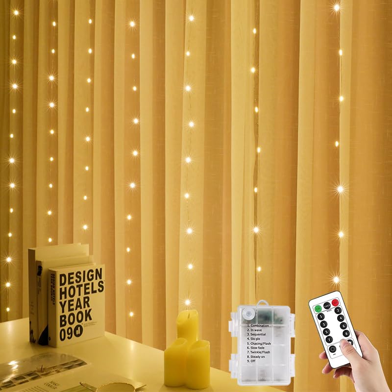 Guirlande lumineuse rideau 3x3m étanche avec télécommande minuterie 300 LED blanc chaud