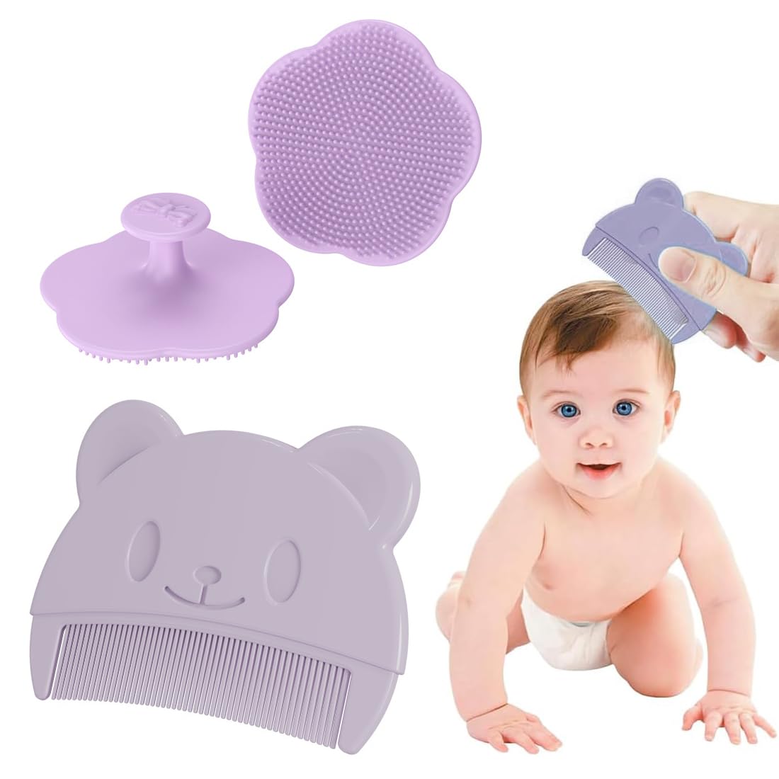 Brosse et peigne pour croûtes de lait (2PCS) - Brosse en silicone pour le bain de bébé, Peigne à Cheveux pour Bébé, Peigne à cheveux sensoriel doux avec poils doux en silicone Outil de bain (Violet)