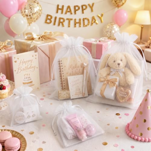 Image of FUNFERY 100PCS White Organza Gift Bags 5x7in,Drawstring Pouch for Jewelry