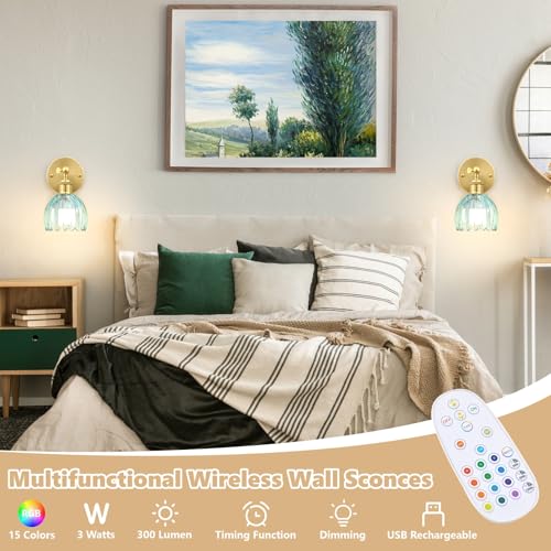 Image of Vintage Battery Operated Wall Sconce, Sky Blue Tulip Glass Lampshade Wireless Rechargeable Battery Powered LED Wall Light with Remote Dimmable for Bedside Bedroom Doorway Living Room, Set of 2