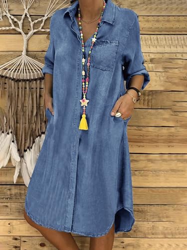 utcoco Denim Dress for Women 2025 Casual Loose Long Sleeve Classic Vintage Button Down Jean Shirt Dresses with Pockets2