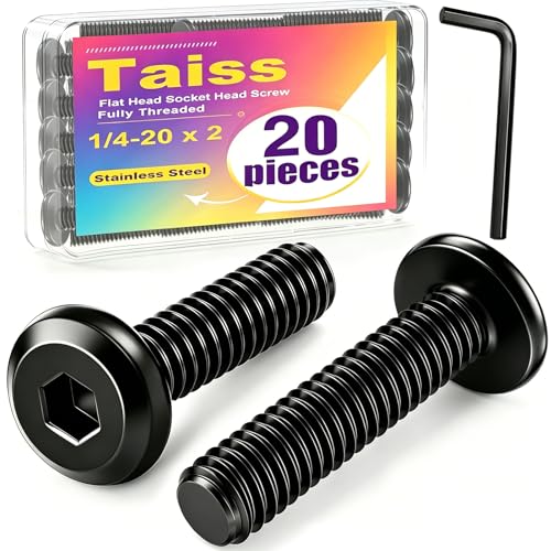 Taiss 20pcs 1/4-20 x 2 Flat Head Socket Head Screw,Furniture Bolts,Furniture Screws 304 Stainless Steel,1/4 Bolts Black Zinc Plated Fully Threaded,Countersunk Connector Screws with Hex Spanner
