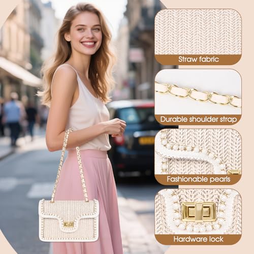 Image of Straw Crossbody Bags for Women, Summer Fashion Straw Purses and Handbags Shoulder Raffia Clutch Bag with Pearls