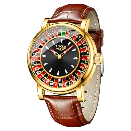 Image of LIGE Mens Roulette Wheel Watches Casino Themed Quartz Analog Watch 3ATM Waterproof Glowing Man Wrist Watches