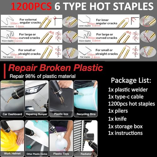 Image of 200W Cordless Plastic Welder, Plastic Welding Kit with 1200PCS Hot Stapler, USB Rechargeable Plastic Welder Gun with 5000mAh Battery, Plastic Weld Bumper Repair Kit for Most Plastic Repair