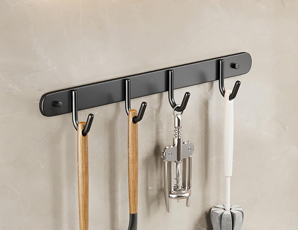 XEIJAYI Utensil Hooks，Utensil Rack Stainless Steel Wall Mounted Utensil Hooks with Removable Hooks Kitchen Utensils Holder Utensil Hanging Rack Rail for Kitchen Bathroom Bedroom(Black,28cm)