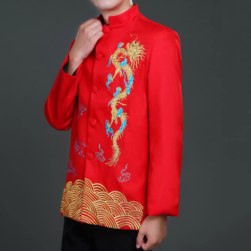 Dragon/Phoenix Embroidery Men Red Wedding Tunic Suit Jacket Traditional Chinese Style Stand Collar Coat3