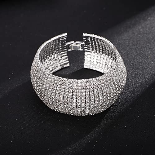 Xerling Full Rhinestones Bracelets Silver and Gold Crystal Cluster Wide Bangle Bracelets for Women Multi-layered Tennis Chain Bracelets (Type A Silver)3
