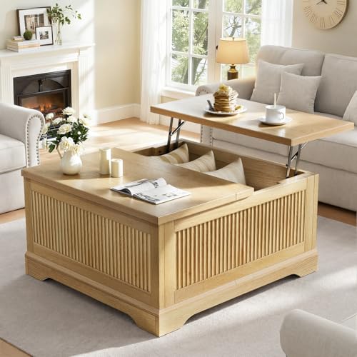 Memobarco Fluted Lift Top Coffee Table with Storage,Wood