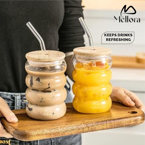 Image of MELLORA Wave Glass Tumbler with Straw 500ml Transparent Sipper for Mocktails & Cocktails | Ideal for Summer Travel, Outings & Daily Use