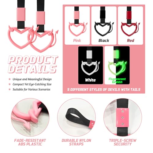 Image of 2 Pcs Devil Heart Shaped Car Handle Strap - JD M Drift Charm Rear Bumper Warning Ring Decor for Car Interior Exterior, Subway Bus Handle Accessory, Cute Heart Car Decor Gift (Pink-Tail)
