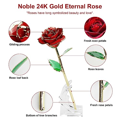 Gold Dipped Rose, 24K Gold Rose,Long Stem 24K Gold Dipped Rose Lasted Real Roses With Stand,Romantic For Her,Girlfriend,Mom,Wife For Valentine's Day/Mothers Day/Christmas/Birthday #TOP3