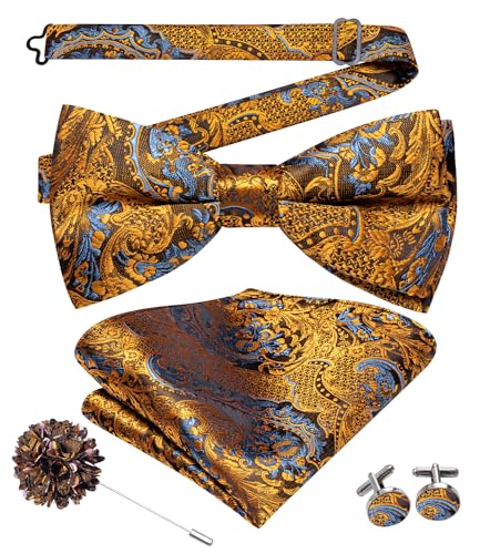 Image of Hi-Tie Bow Ties for Men Pre-Tied Pocket Square with Cufflinks Mens Bowtie Sets for Wedding Formal Party