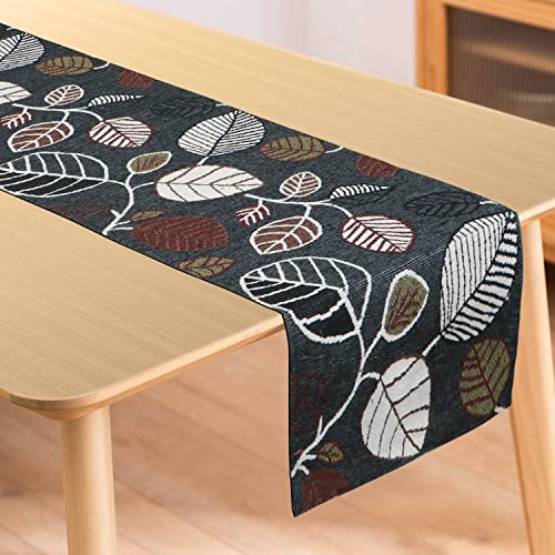 Image of HOKIPO Cotton Jacquard Dining Table Runner 6 Seater, 12X72 Inches (In-532-D5Grey Leaves)