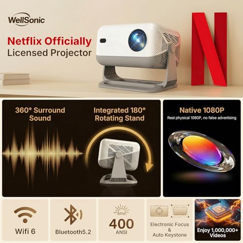 Image of 【Compatible with Netflix &Dolby Audio】WellSonic Smart Projector with Wifi and Bluetooth, 400Ansi & Native 1080p Portable Projector, Auto Focus&Support 4k, 180Rotatable, Moive Proyector