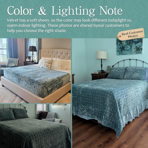 Image of Grassix Velvet Quilt Set Queen Size, Luxury Geometric Design, Aqua Green