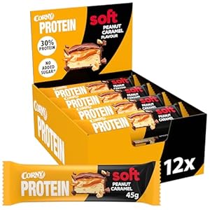 Corny Protein Soft- Barres protéinées au chocolat au lait, caramel et cacahuètes, 30% protéines, 0% de sucres ajoutés, Pack de 12x45g, Taste the Power