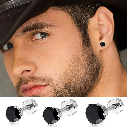 4mm Flat Screw Back Stud Earrings, Tiny Studs Earrings for Women Small Cartilage Earrings, Hypoallergenic Stainless Steel Helix Flatback Piercing Jewelry Gifts for Women Girls (4MM, Black)3