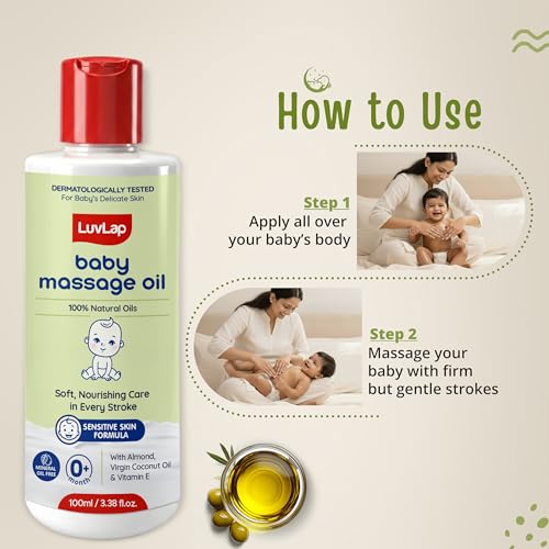 Image of LuvLap Baby Massage Oil with Almond, Virgin Coconut Oil & Vitamin E, Deep Nourishing, Skin Repair & Relaxation, Ayurvedic Non-Sticky Oil for Soft New Born Skin, 100% Natural, Derma Safe, 100ml