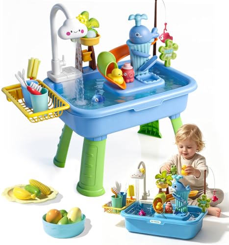 FUHSY Sand and Water Play Table with Fishing Toys Sensory Activity Play Sets Outdoor Garden Water Toys Beach Pool Outdoor Play Toy Kitchen Accessories for Summer Backyard Poolside Indoor