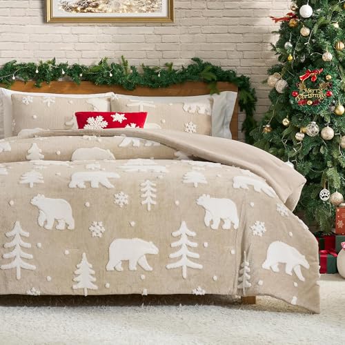 Amélie Home Christmas Comforter Set Queen, Fluffy Christmas Bedding Set with Polar Bear, Beige Fleece Plush Comforter for Winter, 3 Pieces, 1 Soft Comforter and 2 Pillowcases