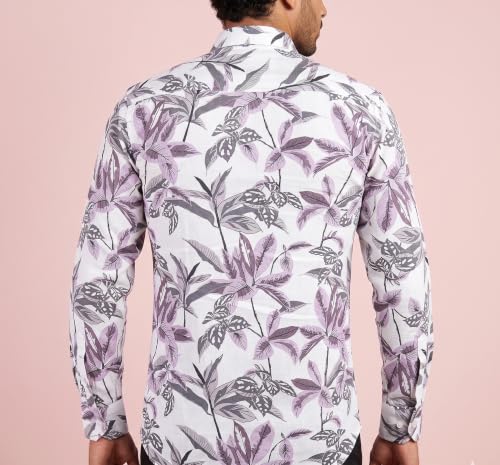 Image of UNM Men's Casual Shirt, Tropical Leaf Print on White