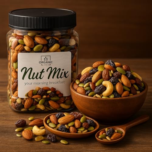 Image of Organic Box Healthy Nutmix 250gm, Dried Almonds, Black Raisins, Cashewnuts, Black Dates & Many More. (Jar Pack)