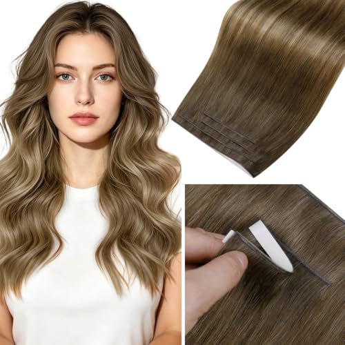 Image of LaaVoo Brown Tape in Weft Hair Extensions Human Hair Ombre Tape Weft Extensions Invisible Tape ins Human Hair Extensions Medium to Goledn Brown 90g 18inch 4pcs