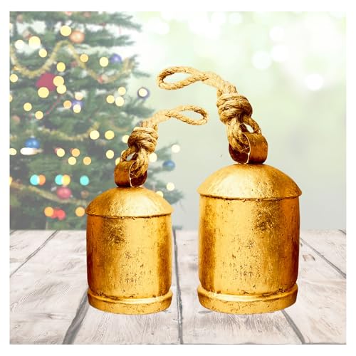 Rustic Decorative Bells Set of 2 - Giant Harmony Cow Bells Huge | Handmade Vintage Christmas Bells Golden Cowbell Country Style Jute Rope Hanging Bell Wall Decor (2X Harmony Bells 4