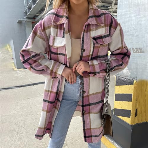 Womens Long Flannel Coats Plaid Shacke Oversuits Long Sleeves Suit Collar Casual Button Down Loose Trendy Jackets2