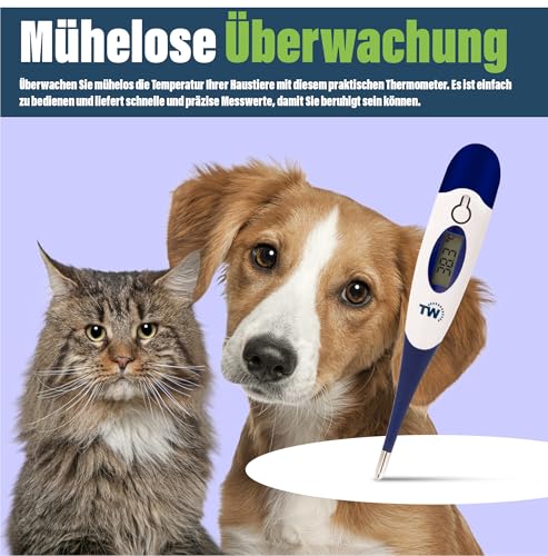 Digitales Haustierthermometer für Tierbesitzer von Hunden, Katzen, Pferd, Tierärzten, flexible Temperatursonde, inkl. Tierarzt-Diagramm