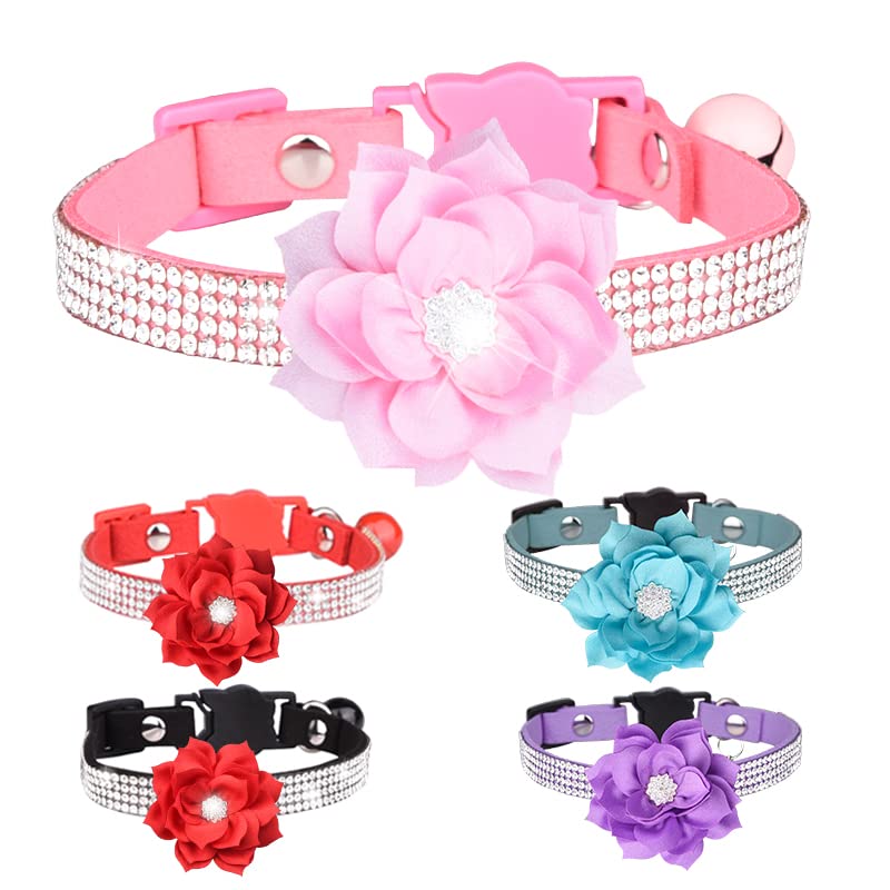 haoyueer Rhinestones Dog Cat Collars with Bell Bling Pet Puppy Collars with Soft Velvet Crystal Collars Girl Jeweled Necklace (Pink-1) - Image 4
