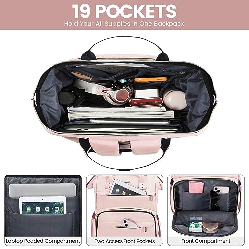 Image of LOVEVOOK Laptop Backpack for Women,18 Inch Professional Womens Travel Backpack Purse Computer Laptop Bag Nurse Teacher Backpack,Waterproof College Work Bags Carry on Back Pack with USB Port, Pink