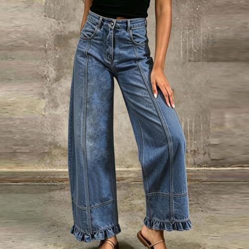 Loinjsnktng Cute Jeans for Women Trendy Ruffle Jeans Baggy Trendy Denim Pants Wide Leg Casual Boyfriend Bottoms with Pockets Dark Blue - image 2