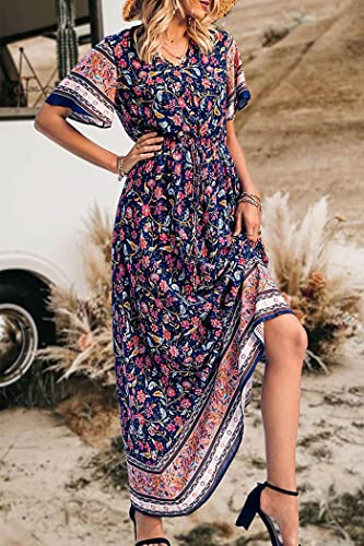 Image of PRETTYGARDEN Women's Casual Summer Boho Floral Print Dress V Neck Short Sleeve High Waist Long Maxi Beach Dresses
