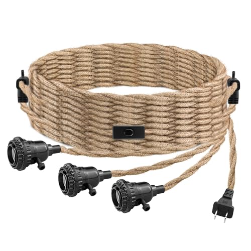 LYOOWNG 3 Light Plug in Pendant Light Cord, 25FT Hanging Lights with Plug in Cord, Hemp Rope Hanging...