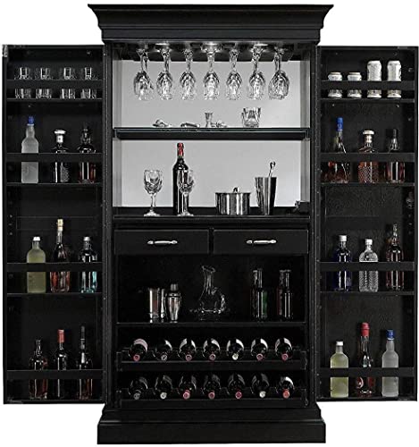 Image of SONA ART & CRAFTS Solid Sheesham Wood Stylish Bar Cabinet with Wine Glass Storage Rack with Drawer & Glass Holder for Home and Bar Furniture Living Room - Black