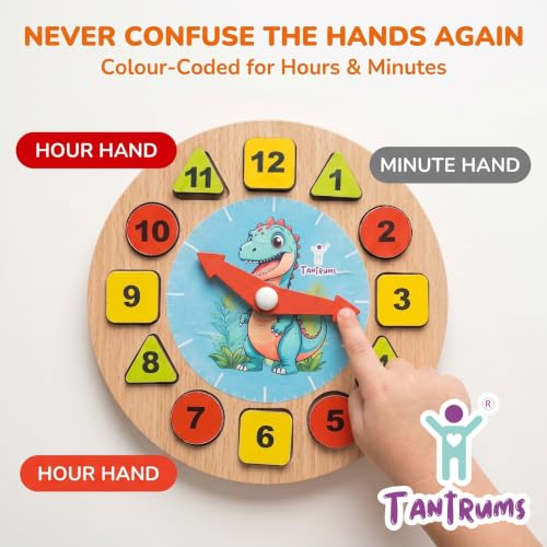 Image of Dinosour Learning Clock with Time Flash Cards | Child Safe Paint and Imported Wood