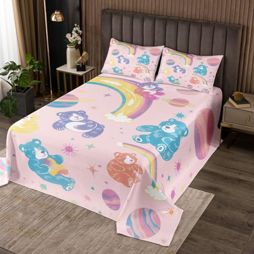 Castle Fairy Lovely Bear Bedspread for Kids Boys,Watercolor Animal Stars Galaxy Coverlet Set Bedroom Decor Soft Quilted,Rainbow Planets Print Pink Quilt Set with 1 Pillow Sham, Twin Size