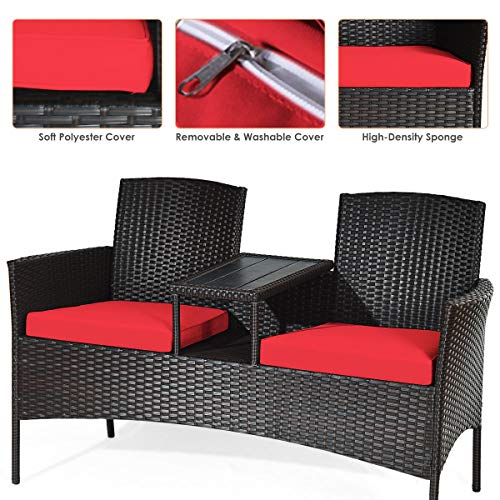 Tangkula Outdoor Rattan Loveseat, Patio Conversation Set With Cushions & Table, Modern Patio Furniture Set Wicker Sofa Set With Built-In Coffee Table, Rattan Sofas For Garden Lawn Backyard #TOP6