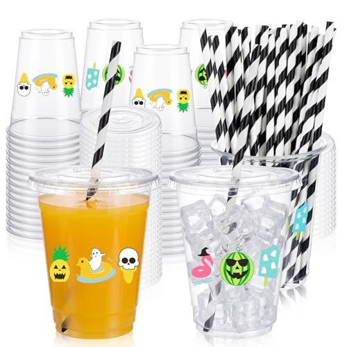 Potchen 30 Pack 12 oz Summer Halloween Disposable Cups with Lids and Straws Summer in Halloween Theme Plastic Party Drink Cups Tropical Pumpkin Faces for Bachelorette Birthday Pool Party Supplies