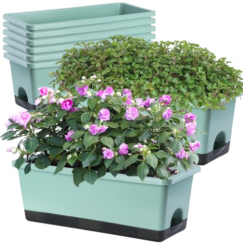 Oliz Window Box Planter 8 Pcs, 17 Inches Rectangle Flower Pots with Drainage Holes and Trays, Vegetable Planters for Windowsill Patio Garden Balcony Home Porch Yard Indoor Outdoor