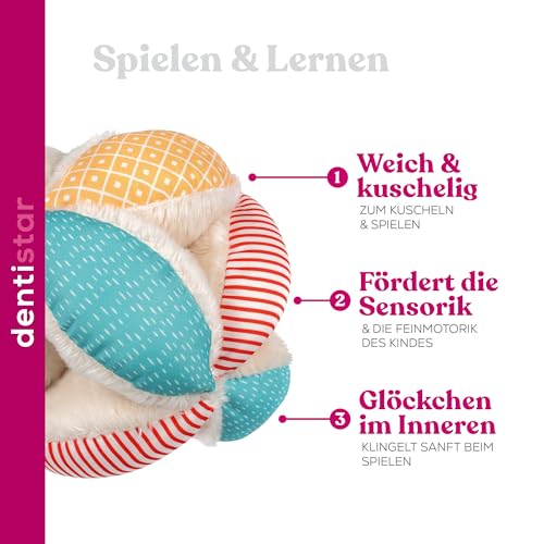 Dentistar Motorikball – Greifball für Babys zur Förderung der Feinmotorik – Motorikspielzeug mit unterschiedlichen Stoffen für den Tastsinn – BPA- & schadstofffrei - 2023 Version