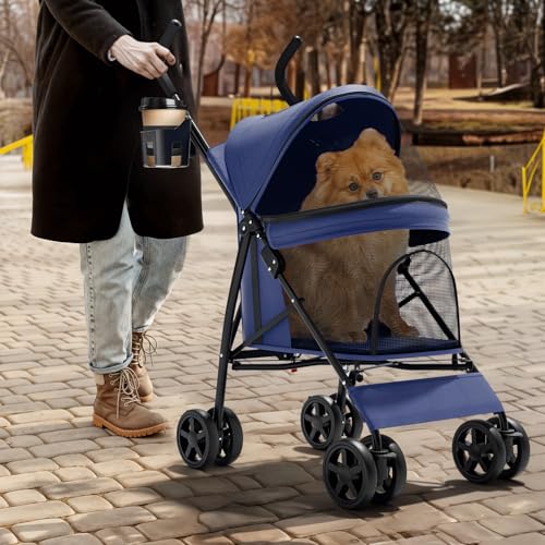 Image of Magshion Compact Fold Pet Travel Stroller for Small Dogs Cats, Navy Blue | Up to 22lbs, 4-Wheel Lightweight Umbrella Shaped Design, Safety Tethers, Breathable Mesh, Cup Holder & Rear Storage