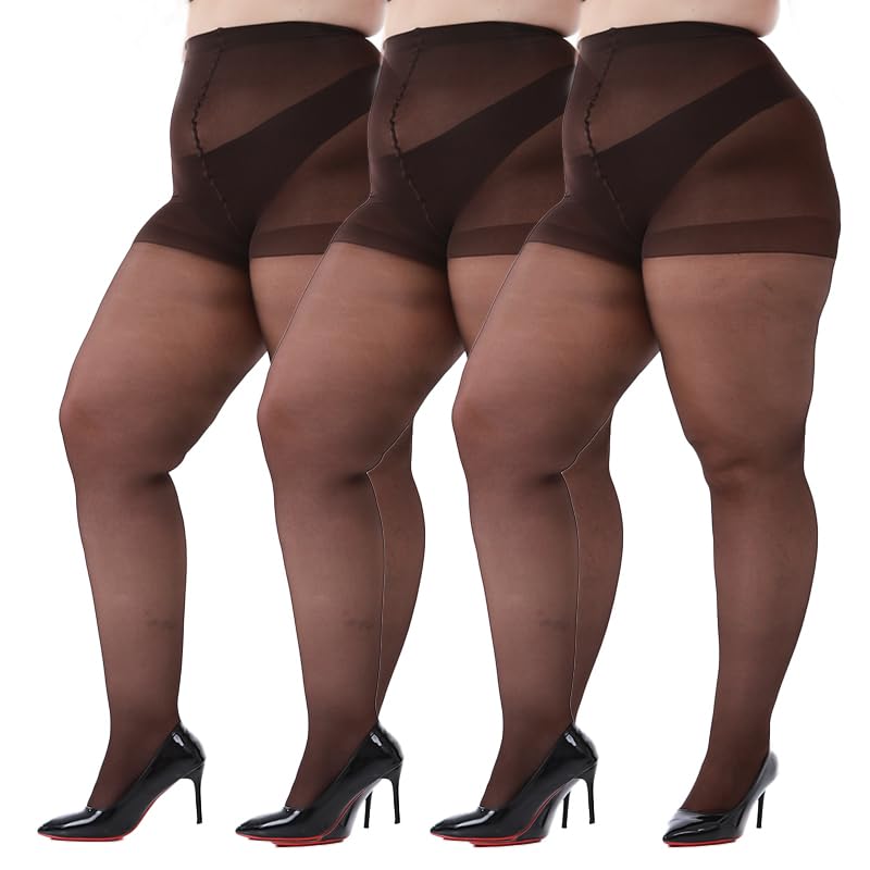 Image of LADYFAN 3 Pairs Plus Size Women's Sheer Tights 20D High Waist Control Top Pantyhose with Reinforced Toes