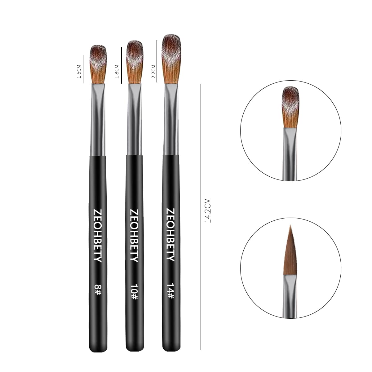 Juego de Pinceles para Acrílico, 3 Piezas – Pinceles para Polvo Acrílico, Pincel para Diseño de Uñas con Tallado 3D y Detallado, Herramienta de Manicura para Extensiones, Tamaños 8/10/14,Negro