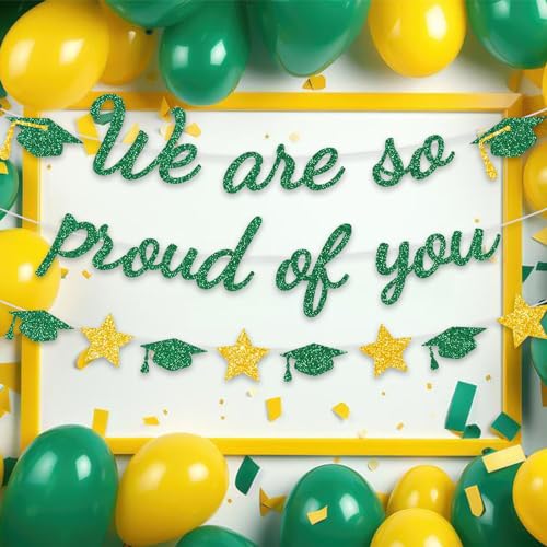 Image of We Are So Proud Of You Banner Graduation Party Decorations Glitter Congratulations Class Grad Ideas Green Gold