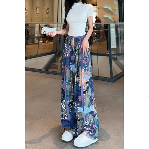 Women's Summer Satin Elastic high Waisted Wide Leg Pants, Breathable and Loose tie dye Casual Pants3